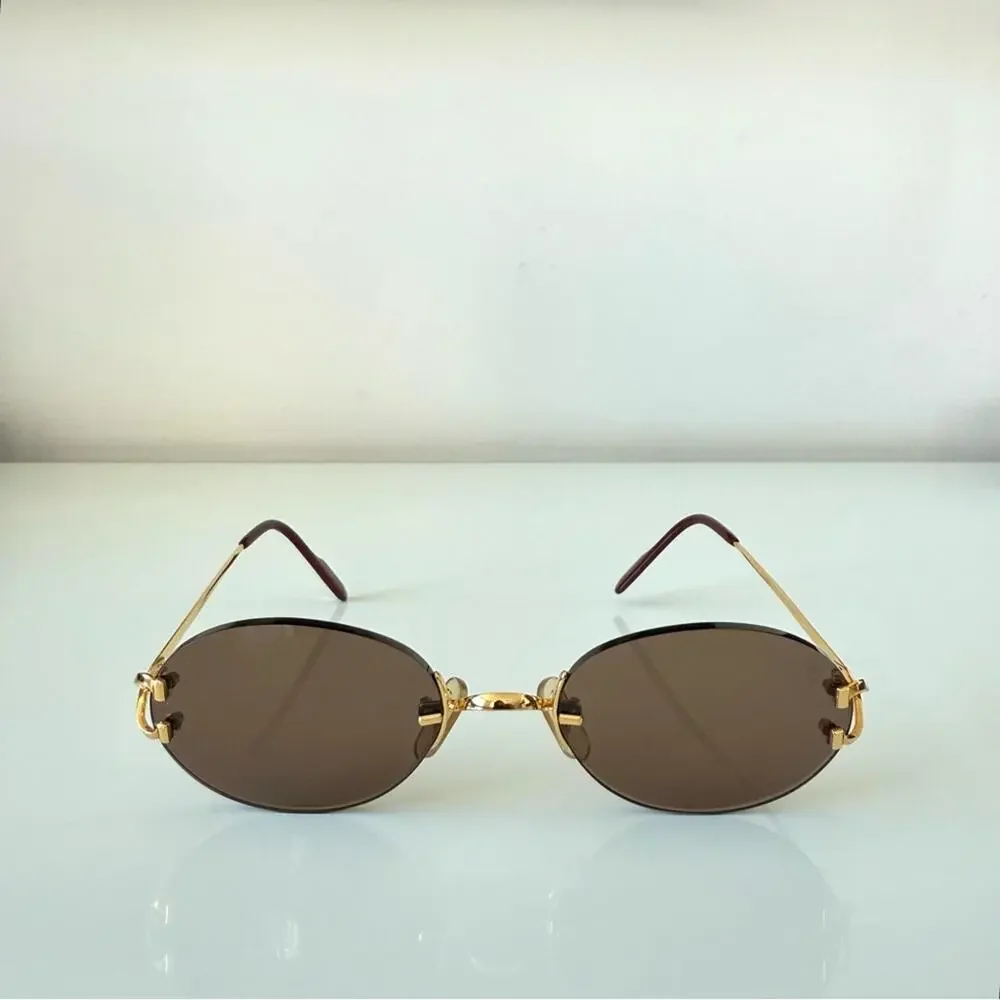 CARTIER Oval Rimless Sunglasses Brown  Gold Frame Authentic Vintage